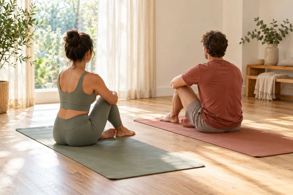 Two adults sit on separate mats in a softly lit room, viewed from behind.