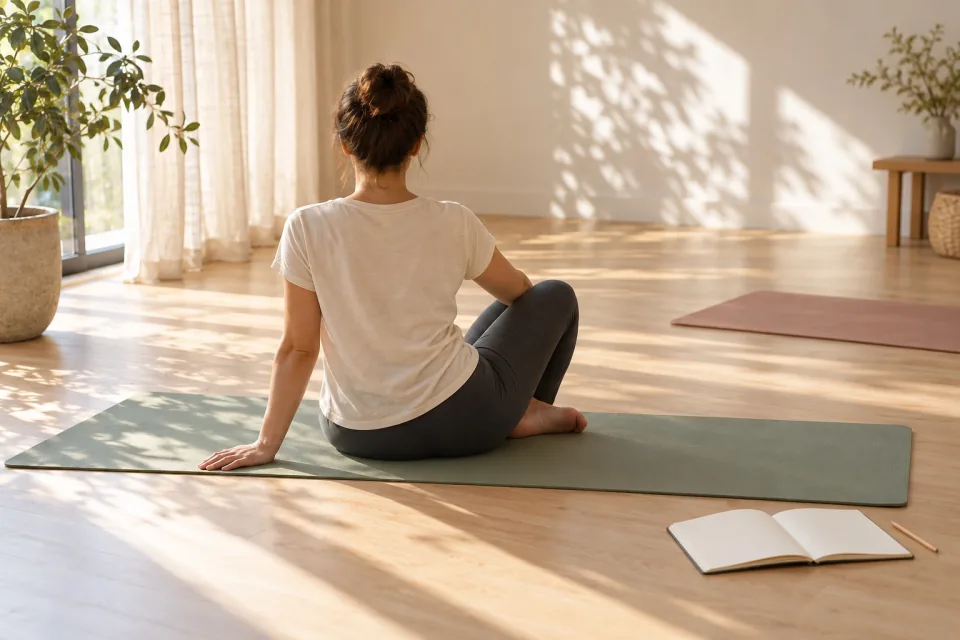 A person sits facing away on a mat in a sunlit room beside a blank notebook.