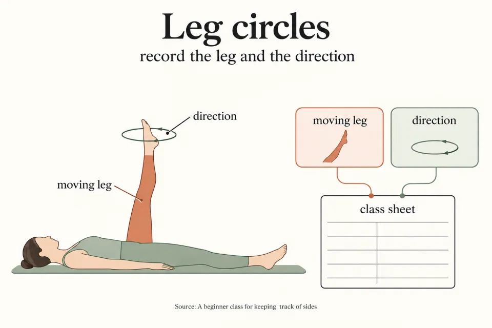 A raised leg and a circular direction arrow connect to separate fields on a class sheet.