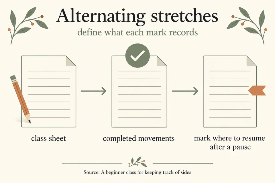 A sequence of class sheets shows recording completed movements and marking where to resume.