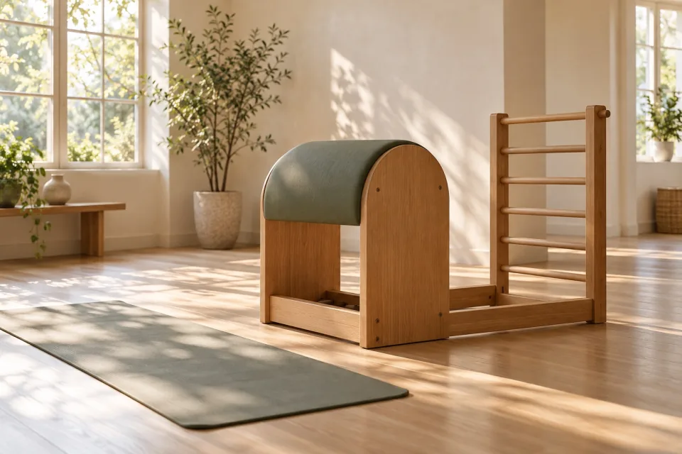 A wooden ladder barrel and exercise mat sit in a softly sunlit studio.