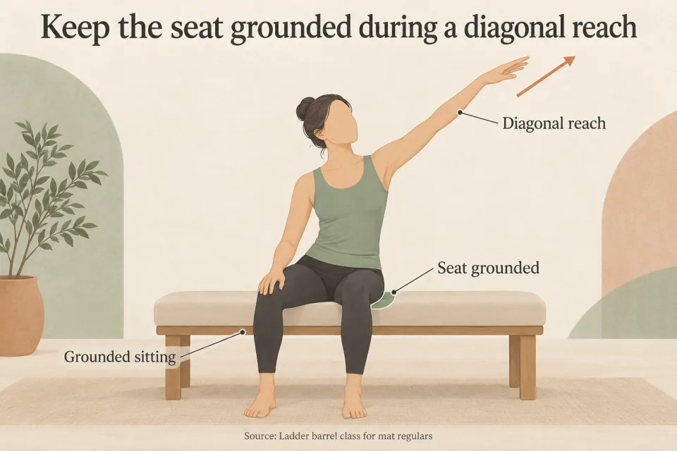 A seated person reaches diagonally upward with labels marking the reach and grounded seat.