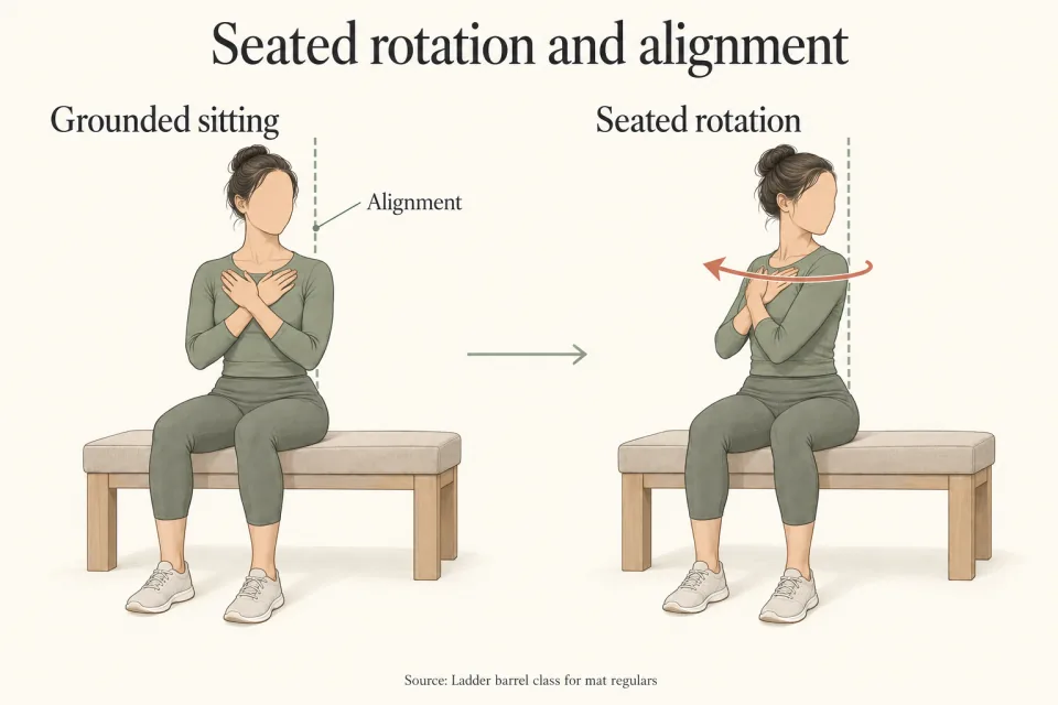 Paired illustrations show upright sitting and seated rotation with alignment guides and a curved arrow.