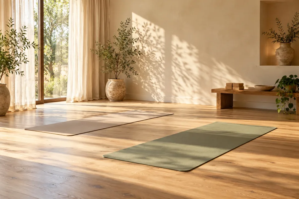 Two exercise mats lie on a wooden studio floor in soft sunlight.