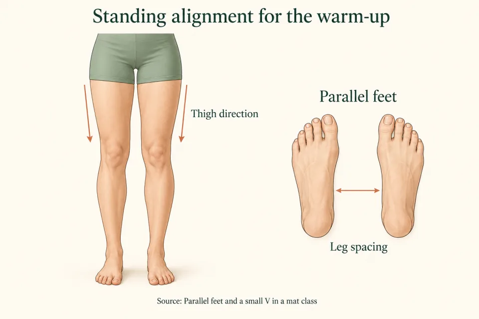Standing legs and an overhead view of parallel feet illustrate thigh direction and leg spacing.