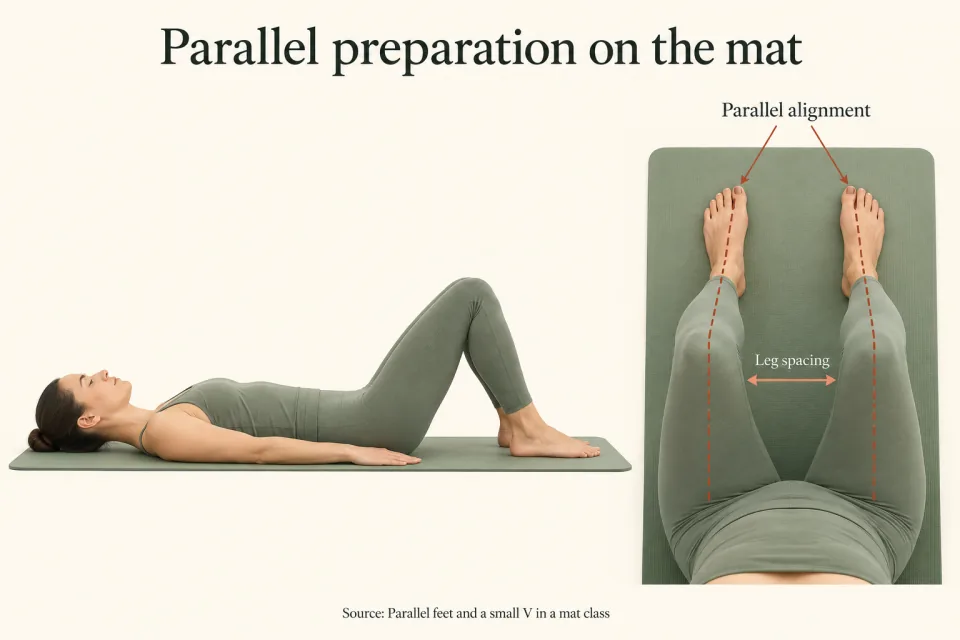 Side and overhead views show a person lying on a mat with bent knees and parallel feet.