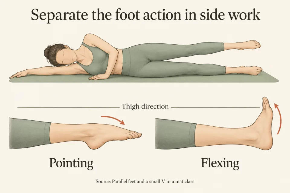 A side-lying pose appears above close-up drawings comparing a pointed foot and a flexed foot.