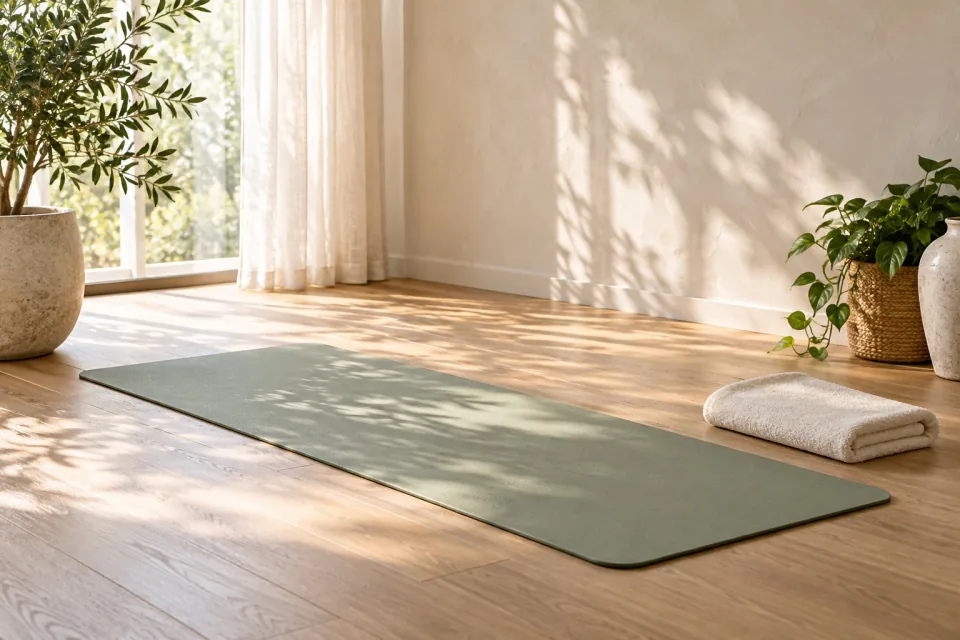 A sage exercise mat and folded towel rest on a wooden floor beside a sunlit window.