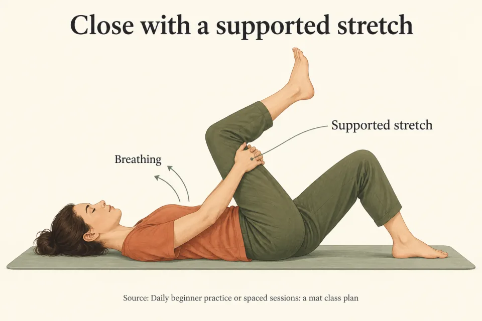 A person lies on a mat supporting a raised thigh with both hands while the other foot stays flat.